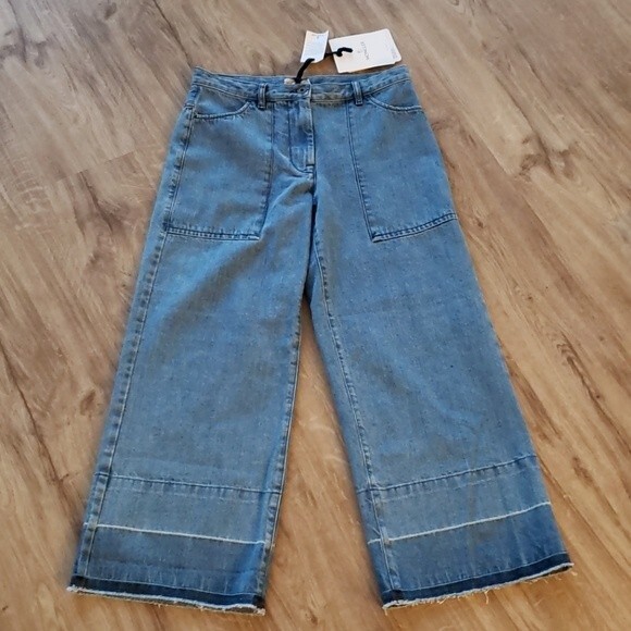 NWT Moncler Womens Feminine Hipster Edgy Wide Leg Raw Hem Two Tone Jeans Size 42 - Picture 1 of 4